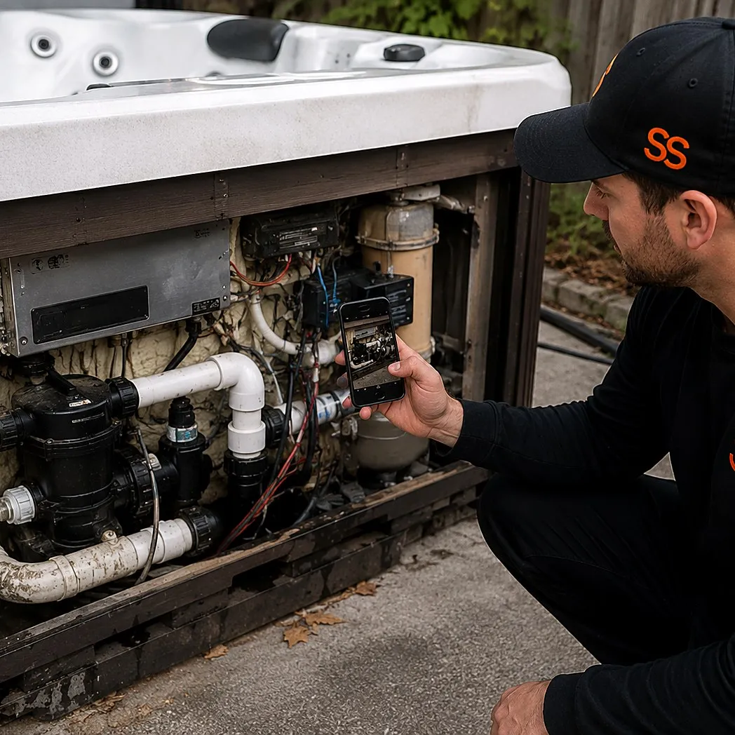Spa technician photographing the open equipment bay of a hot tub with pump, filter, and heater visible