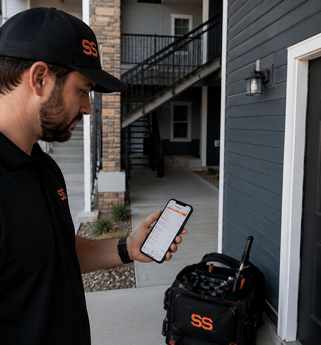 Property manager reviewing a unit turn estimate on a phone outside an apartment door