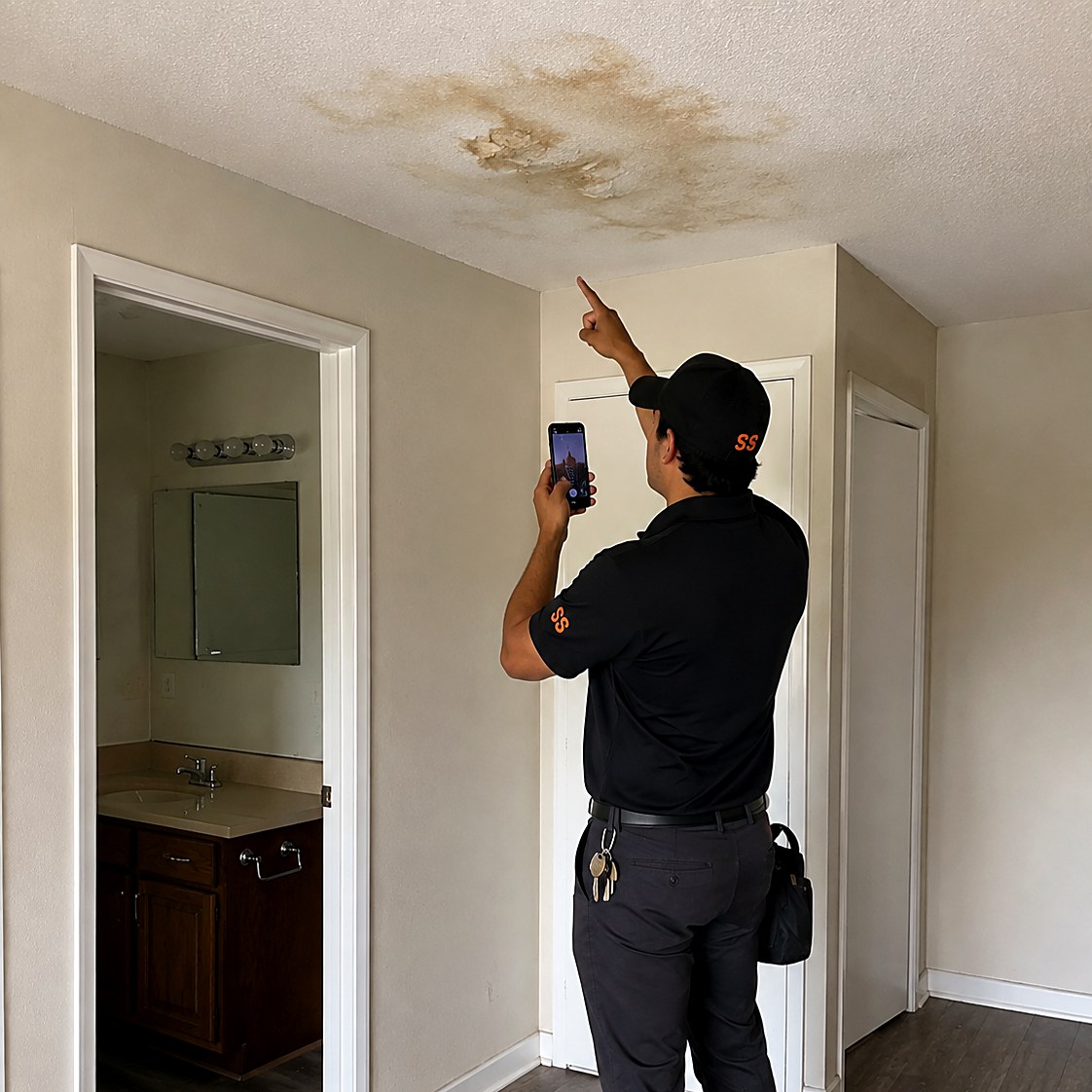 Technician photographing a brown water stain and damaged drywall on an apartment ceiling