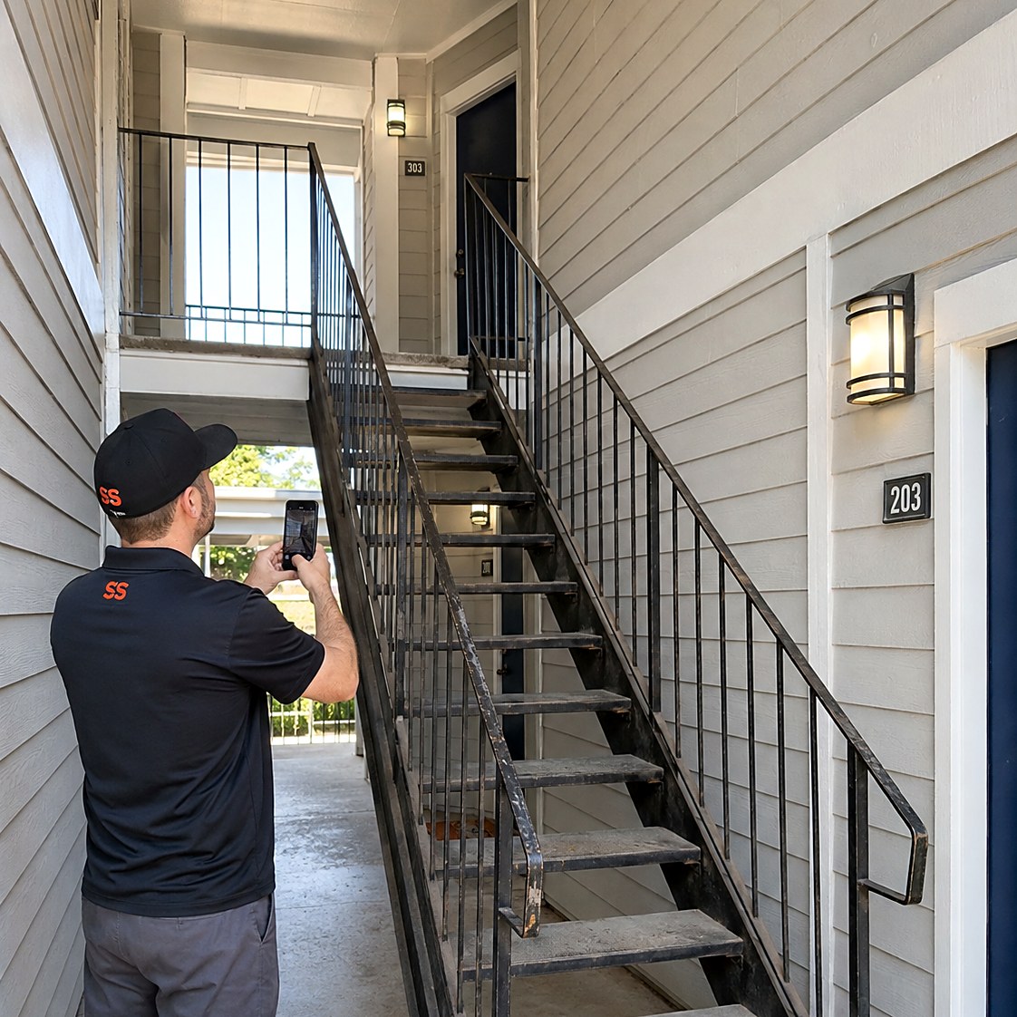 Technician photographing an apartment stairwell handrail and entry light fixtures during a capital project walkthrough