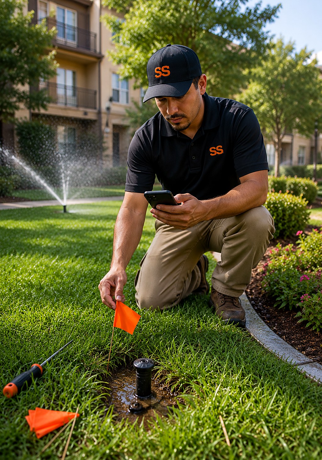 Irrigation technician planting a marking flag beside a leaking sprinkler head while photographing it with a phone