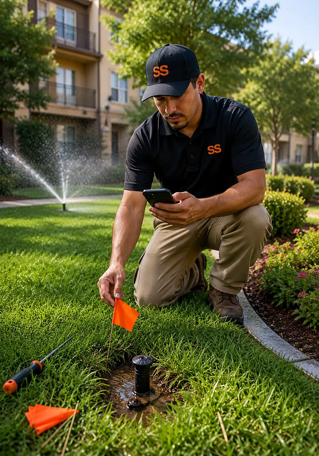 Irrigation technician planting a marking flag beside a leaking sprinkler head while photographing it with a phone