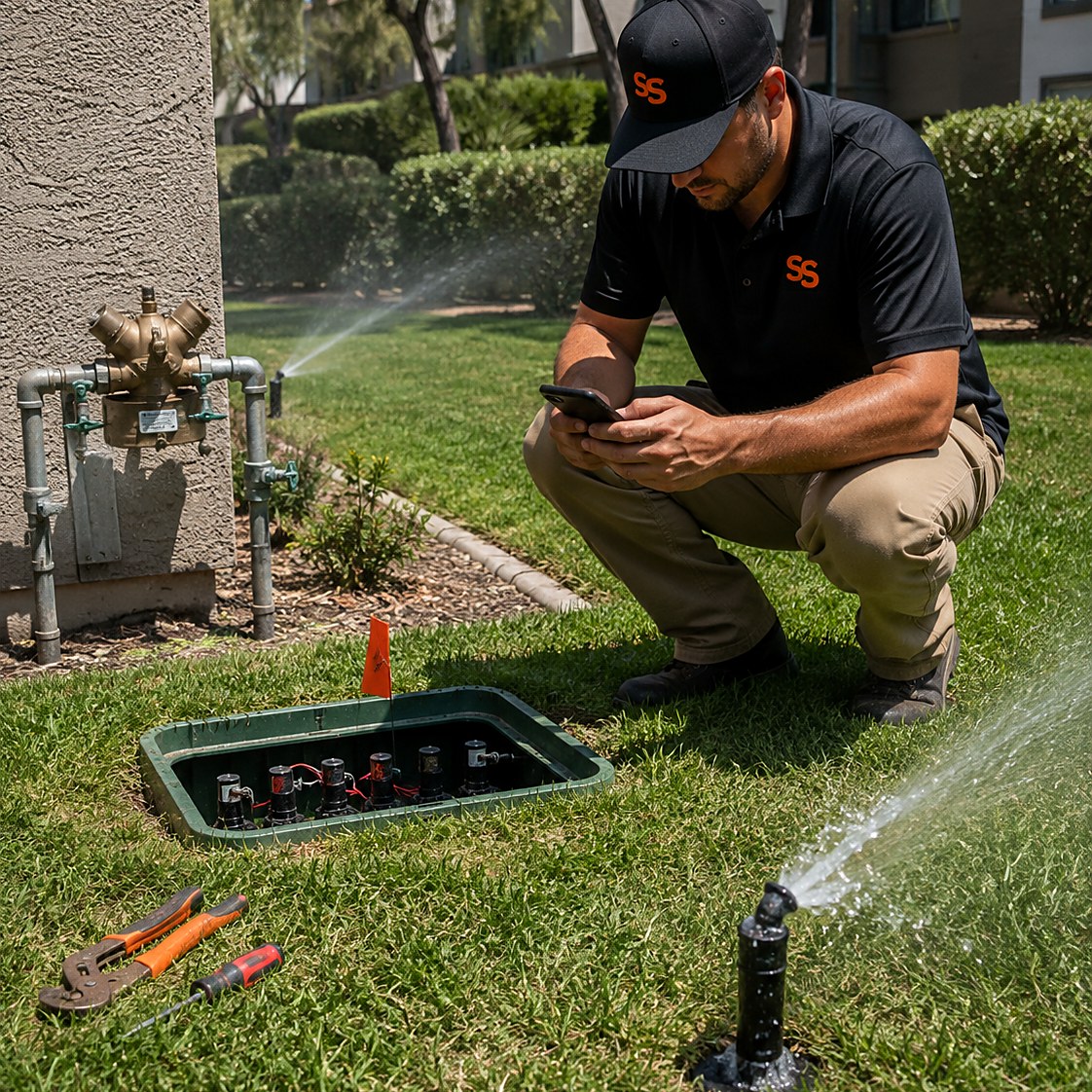 Irrigation technician photographing an open valve box, backflow assembly, and a broken sprinkler head during a spring startup