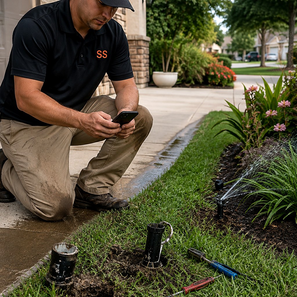 Irrigation technician photographing two rotor heads snapped off at the turf line beside a driveway
