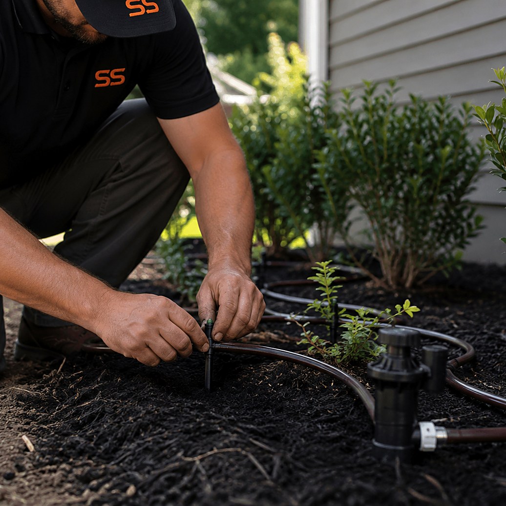 Irrigation technician working with quarter-inch drip line and emitters in a mulched garden bed