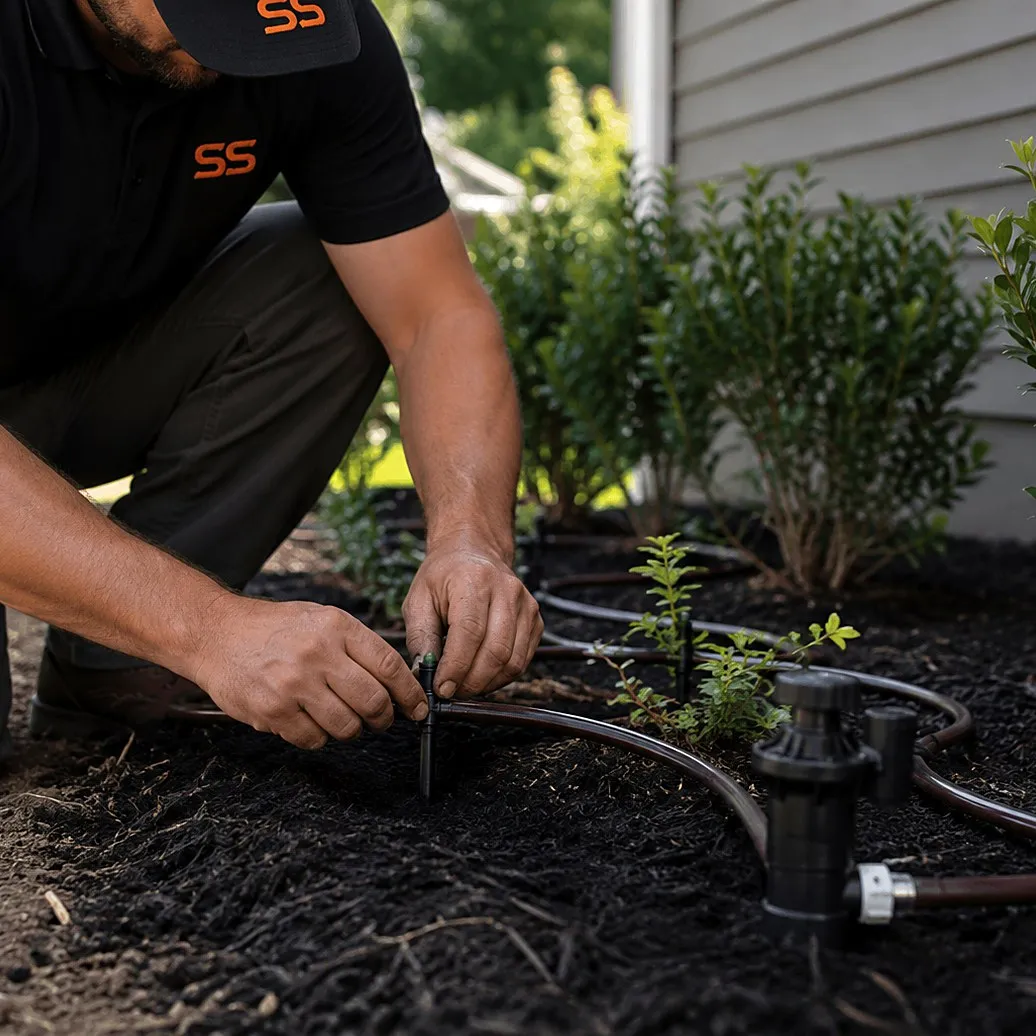 Irrigation technician working with quarter-inch drip line and emitters in a mulched garden bed