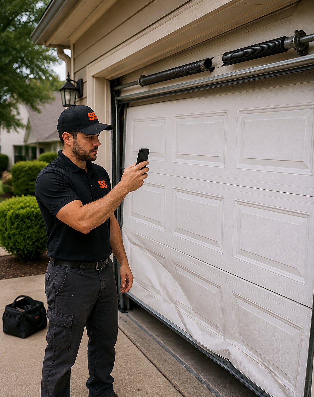 Garage door technician photographing a dented door panel and snapped torsion spring with a phone