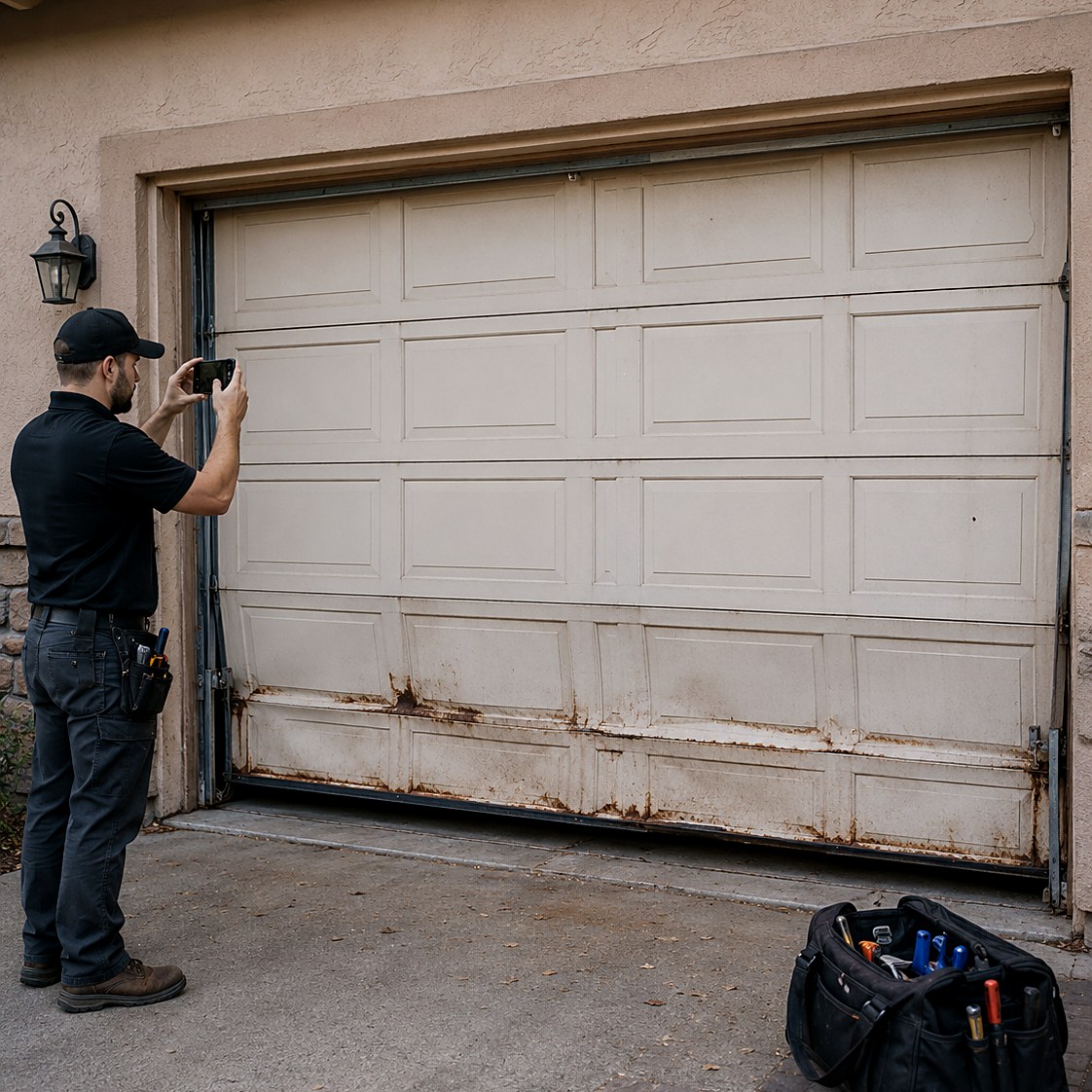 Technician photographing a double garage door with rusted-through bottom panels