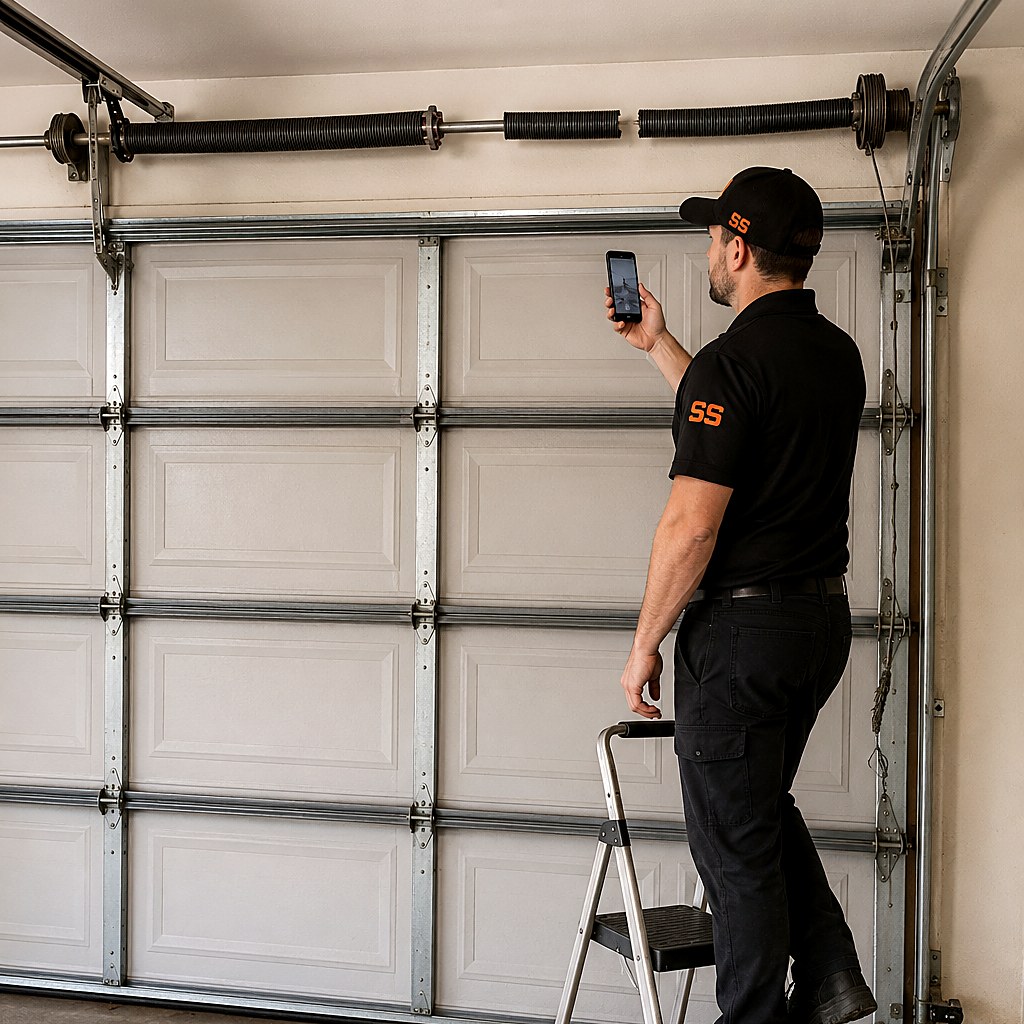 Technician on a step stool photographing a snapped torsion spring above a two-car garage door