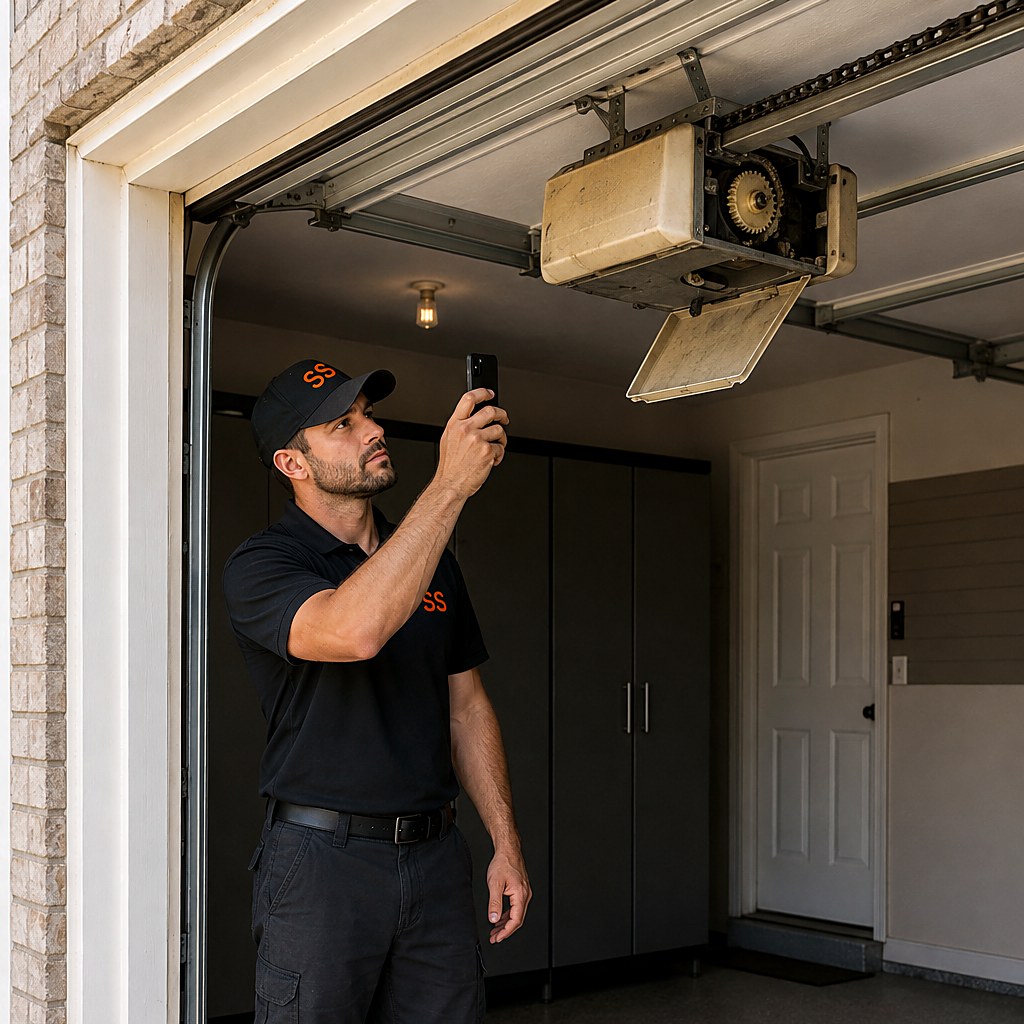 Technician on a ladder at a garage door header with the ceiling-mounted opener behind him
