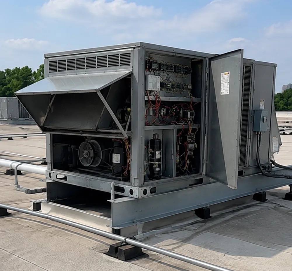 The rooftop unit with its panels open, as the office sees it through the live EyesOn feed
