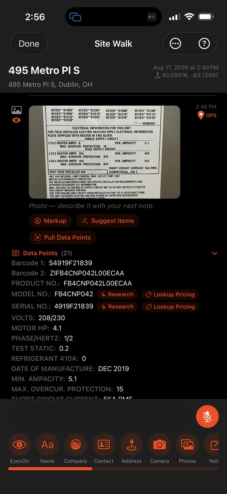 Twenty-one data points pulled from one nameplate photo, with Research and Lookup Pricing buttons