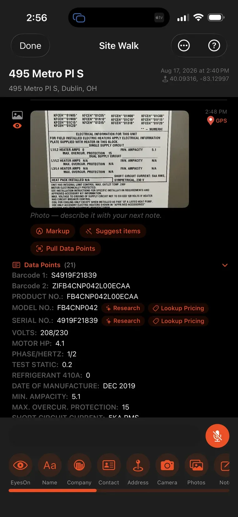 Twenty-one data points pulled from one nameplate photo, with Research and Lookup Pricing buttons