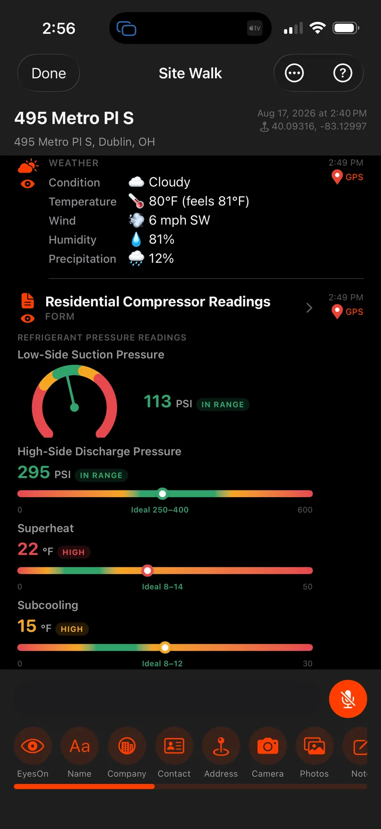Compressor readings scored in range or high, with suction pressure, discharge pressure, superheat, and subcooling