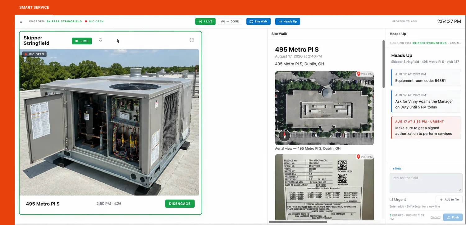 Command OPS in Smart Service showing a live EyesOn feed, the site walk timeline, and the Heads Up panel
