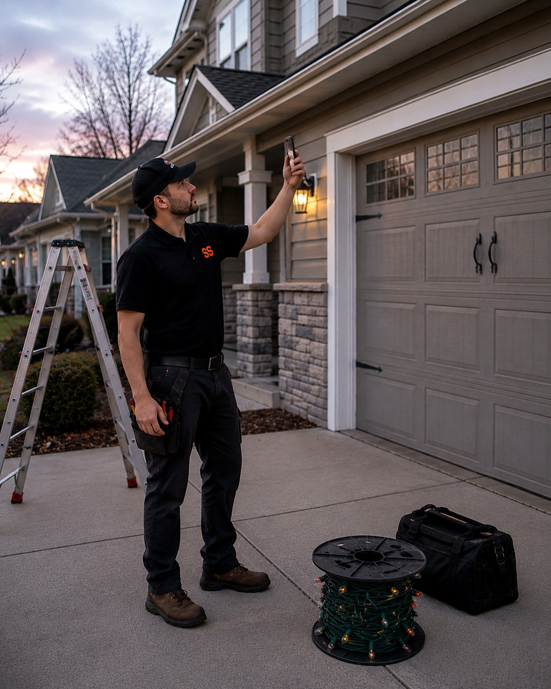 Smart Scope holiday lighting installer photographing a roofline with his phone at dusk, ladder and a spool of C9 lights staged in the driveway