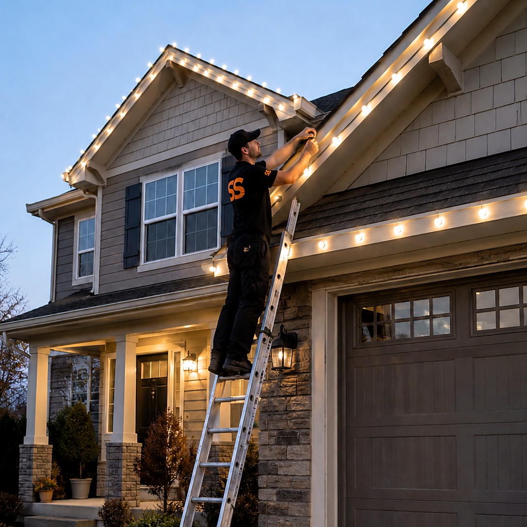 Smart Scope holiday lighting installer on an extension ladder clipping warm white C9 bulbs along the front roofline of a two-story house at dusk, both gable peaks and the garage return already lit