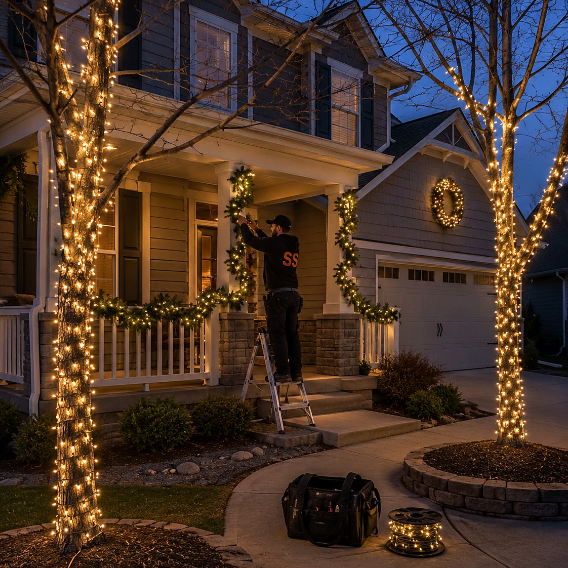 Smart Scope holiday lighting installer hanging lit garland on a porch column at dusk, two front maples wrapped in warm white lights, garland along the porch rail and a lit wreath above the garage