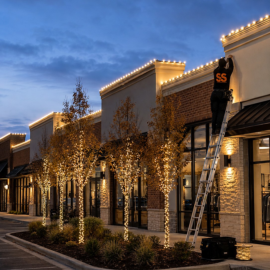 Smart Scope holiday lighting installer on a ladder running warm white C9 bulbs along matching storefront rooflines at a commercial plaza at dusk, wrapped trees lit in the parking island