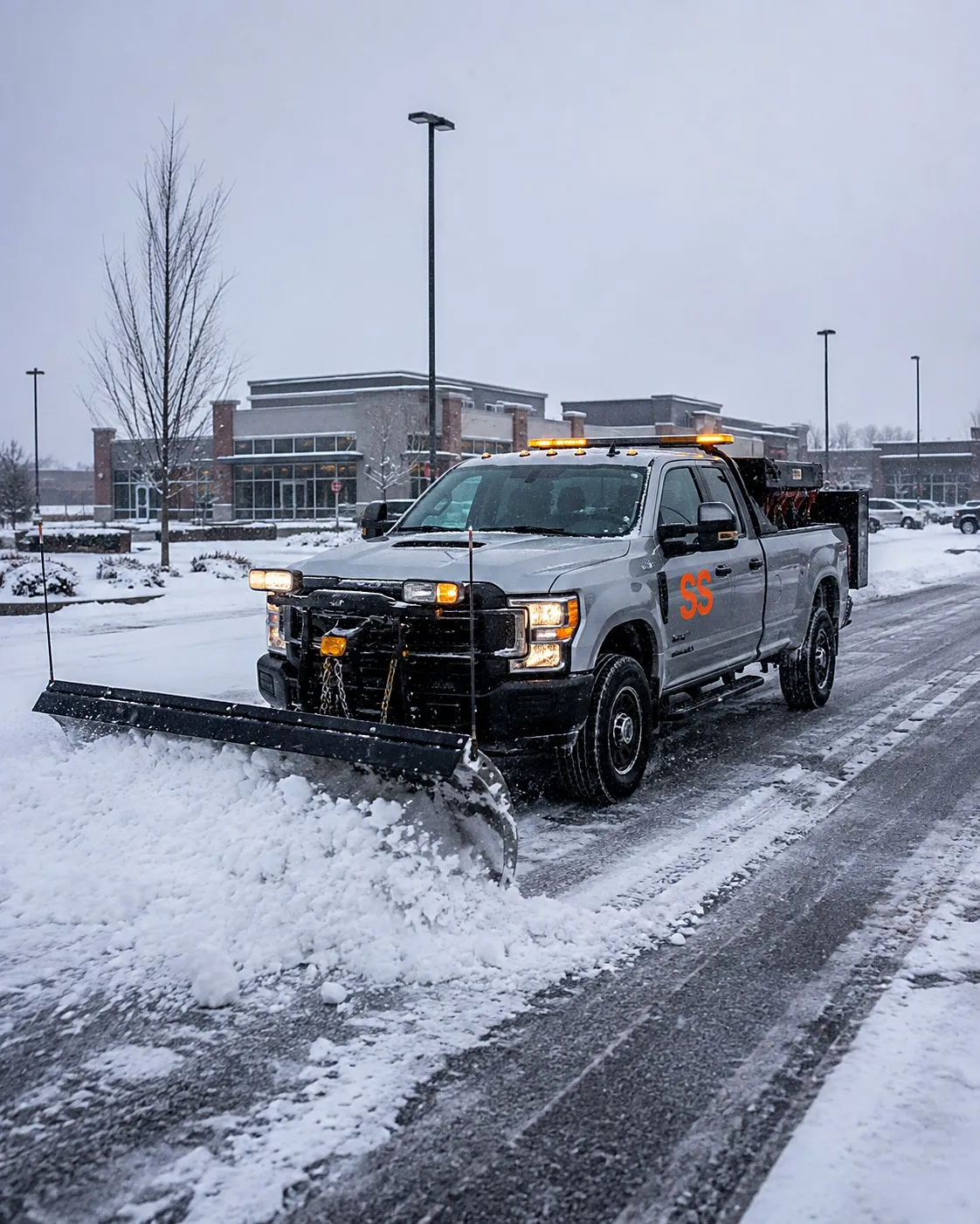 Snow plowing crew's plow truck clearing a snowy commercial parking lot