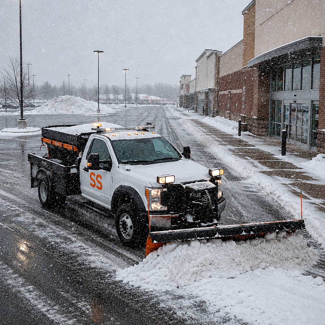Spreader-equipped plow truck clearing a retail storefront parking lot on a seasonal contract
