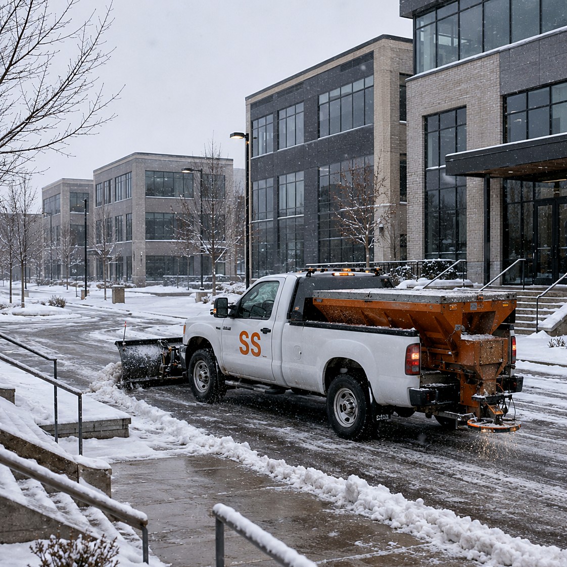 Plow truck spreading salt at a multi-building office park on a per-push contract