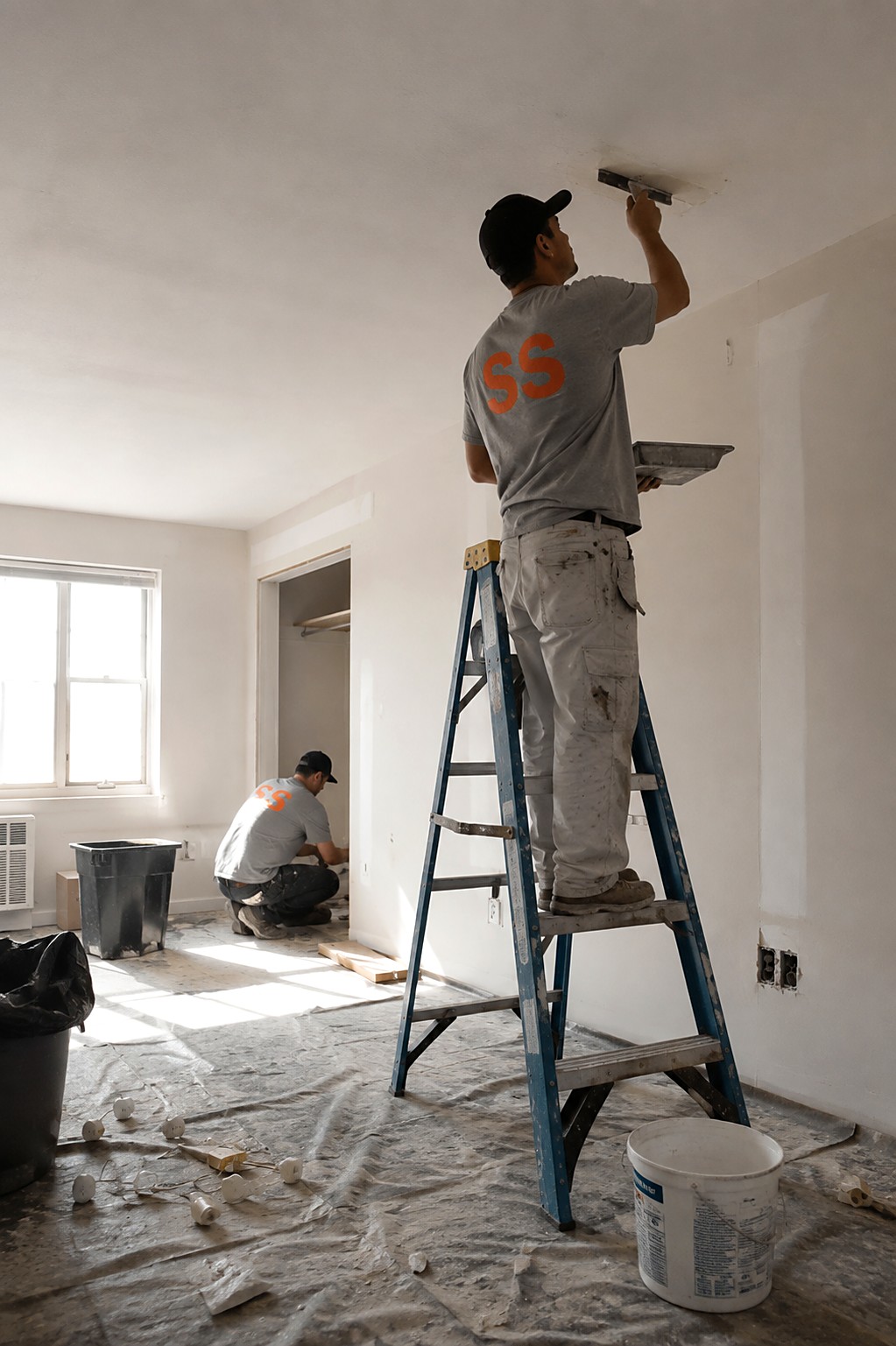 Apartment refurbishing crew patching and prepping walls in an empty unit