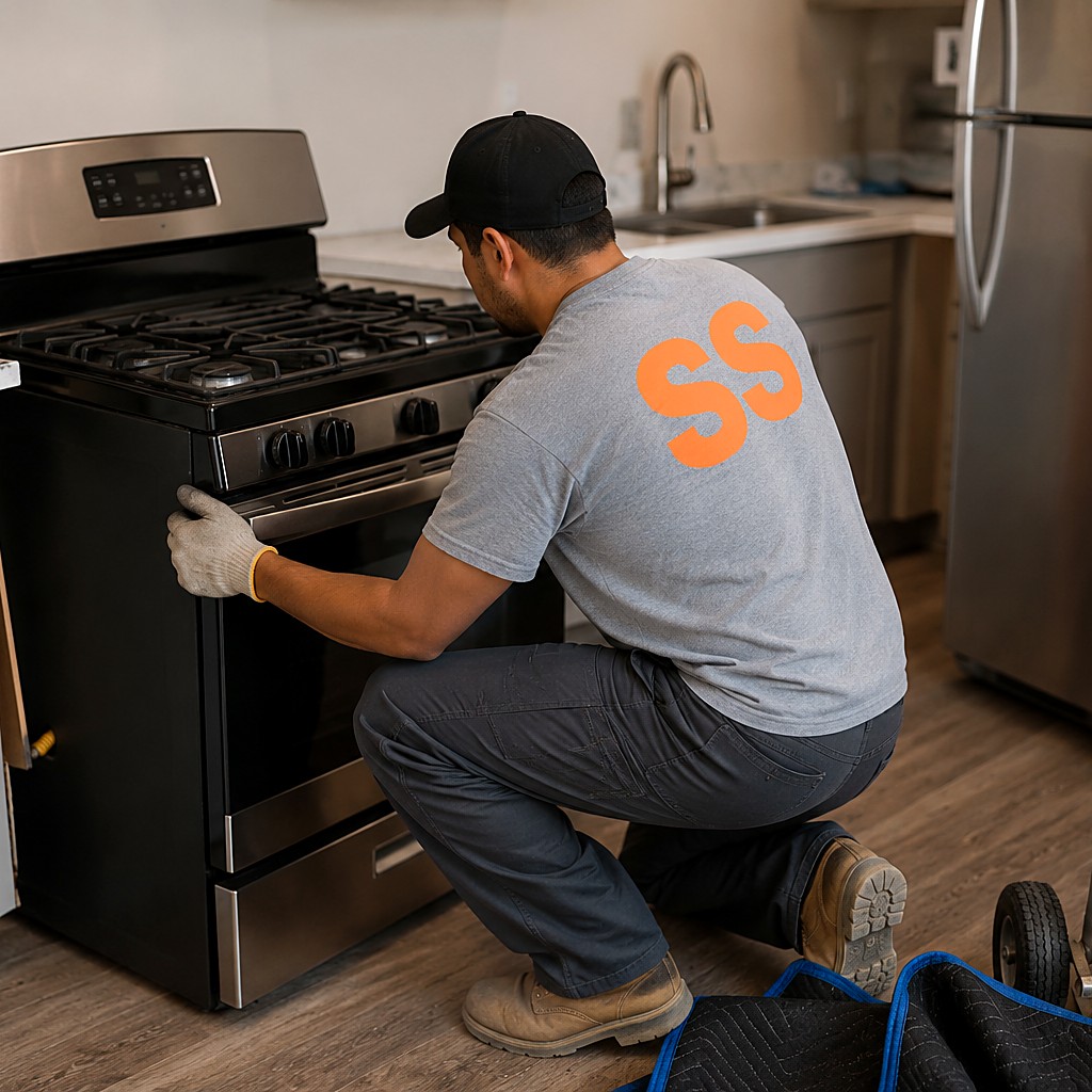 Technician installing a replacement gas stove in an apartment kitchen with an appliance dolly ready for haul-away