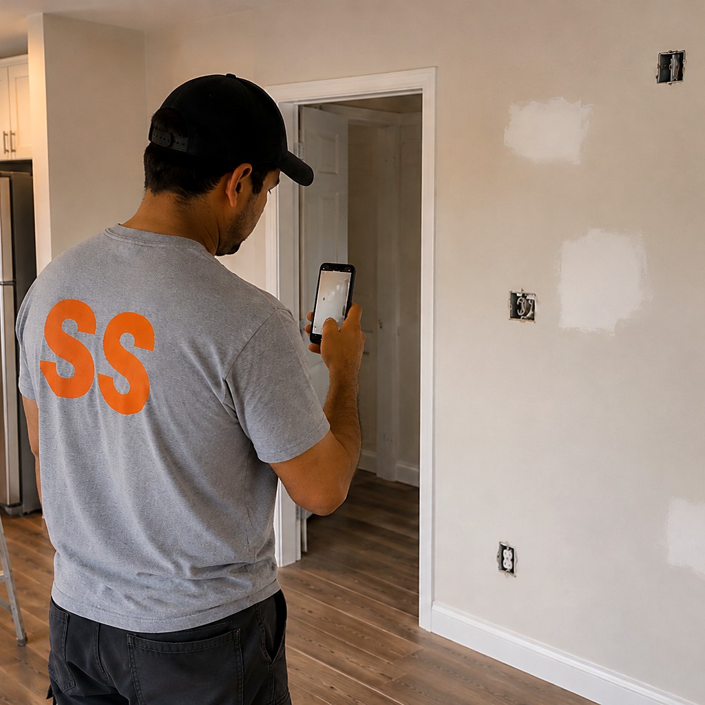 Technician photographing punch list items in an apartment — patched walls and open electrical boxes during a make-ready walkthrough