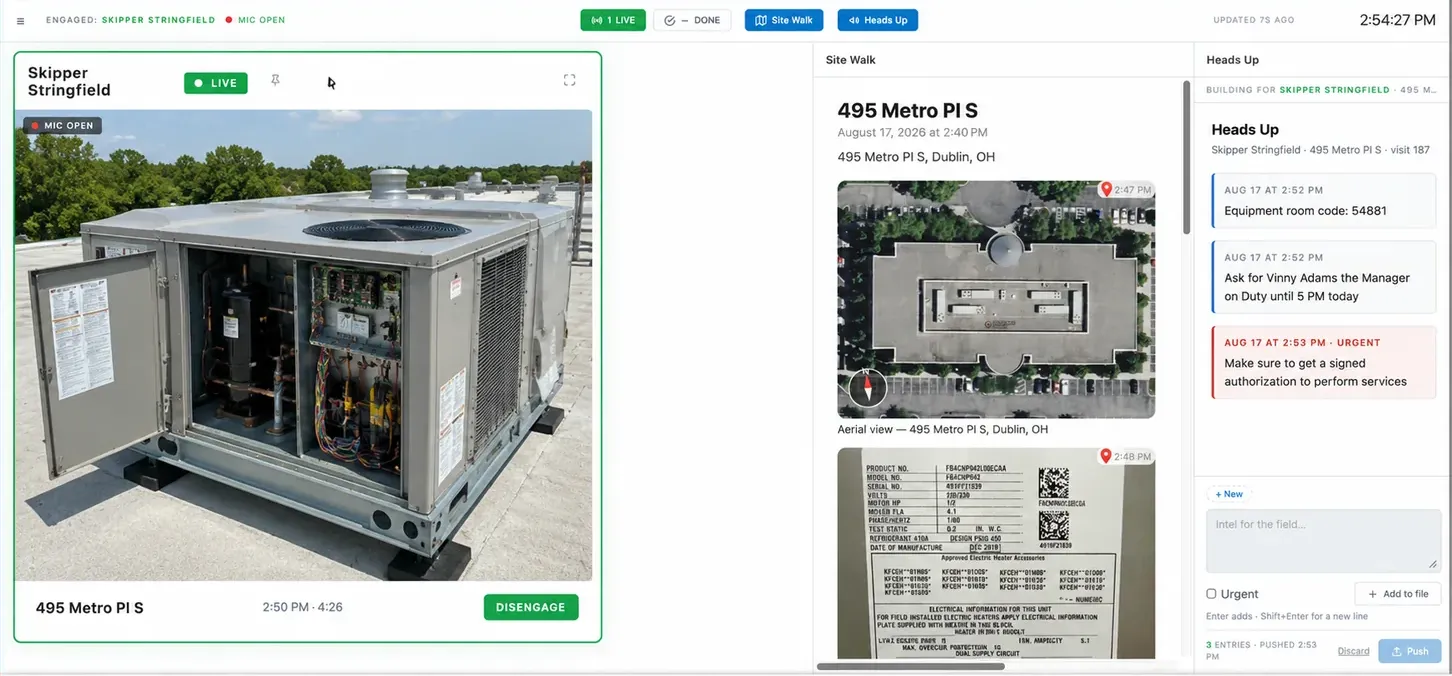 Command OPS in Smart Service showing a live EyesOn feed, the site walk timeline, and the Heads Up panel