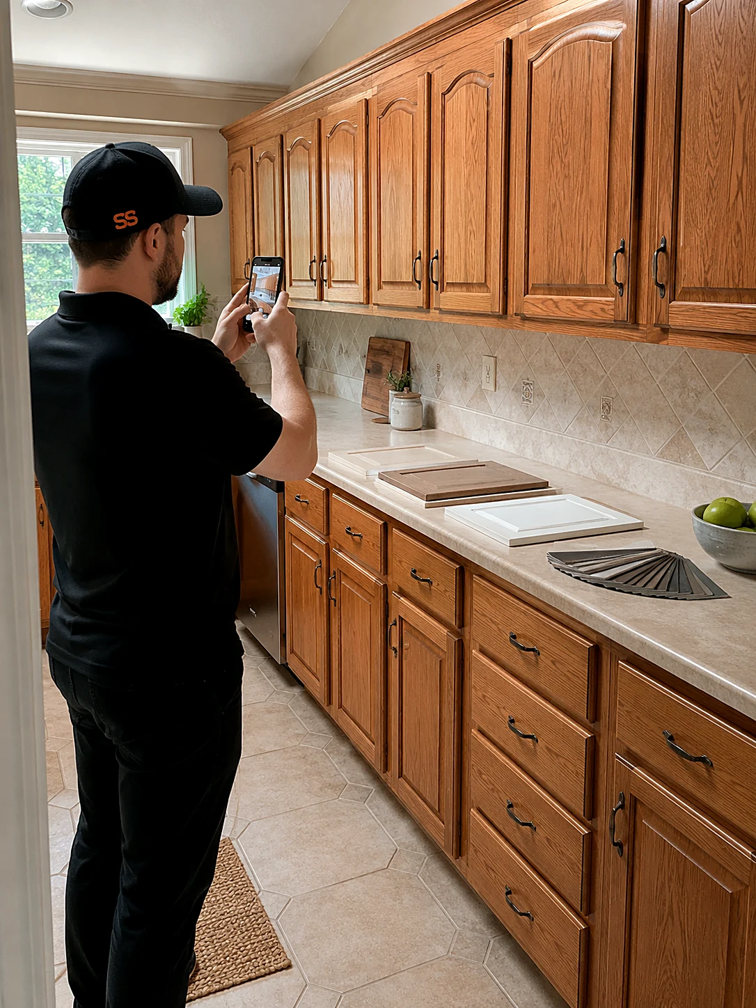 Cabinet refacer in a Smart Scope cap photographing a run of oak kitchen cabinets with his phone, sample door fronts and a finish fan deck laid out on the counter
