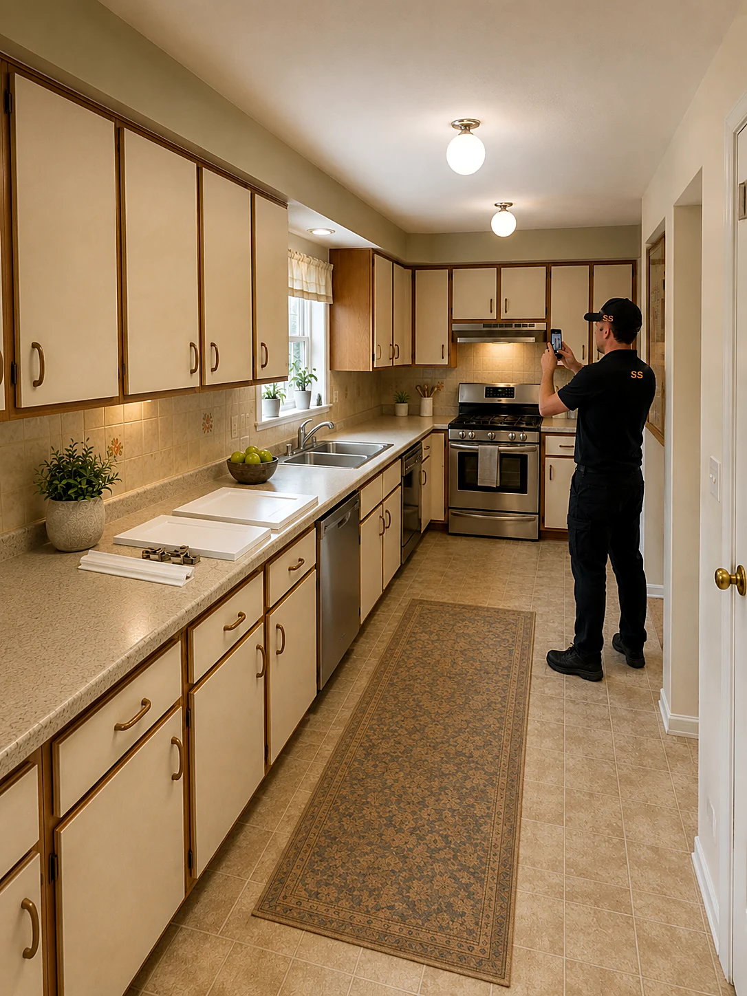 Refacer photographing a dated laminate galley kitchen for a full reface, with new shaker sample fronts, hinges, and trim laid out on the counter