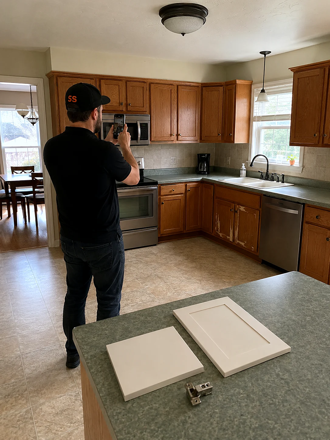 Refacer photographing a worn oak kitchen with peeling cabinet doors, two sample fronts laid on the counter for a reface-versus-replace comparison
