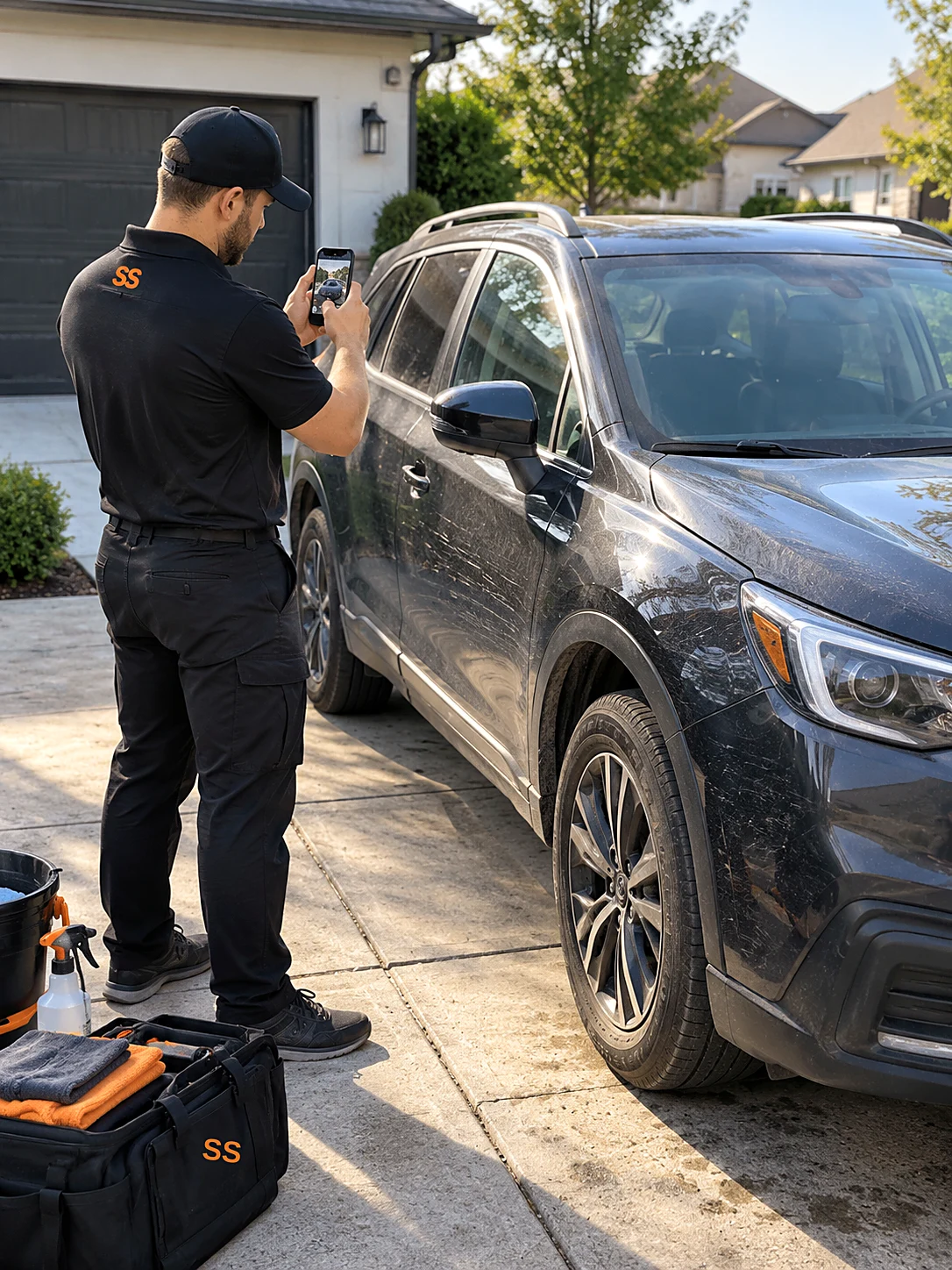 Mobile detailer in Smart Scope gear photographing a dirty SUV in a customer's driveway before quoting the job