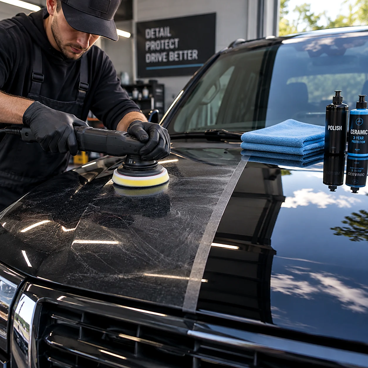 Taped-off black hood showing a swirled half beside a corrected glossy half, with polish and 3-year ceramic bottles staged for the customer's decision