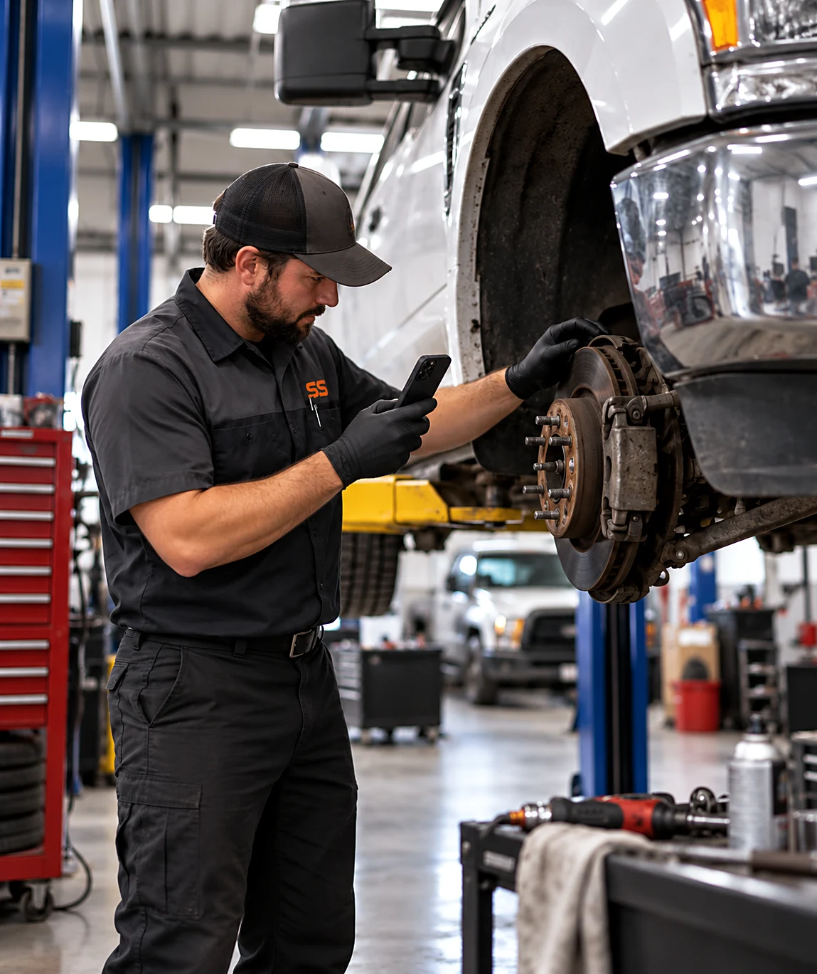 Technician in Smart Scope gear photographing a worn brake rotor on a lifted truck in the shop to document the repair before quoting