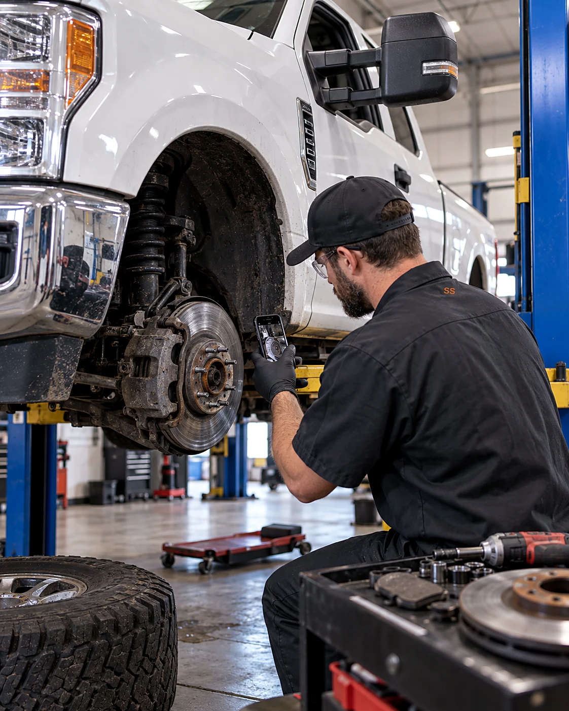 Technician photographing the exposed front rotor on a lifted F-250 with the wheel off, new rotor and pads staged on the cart