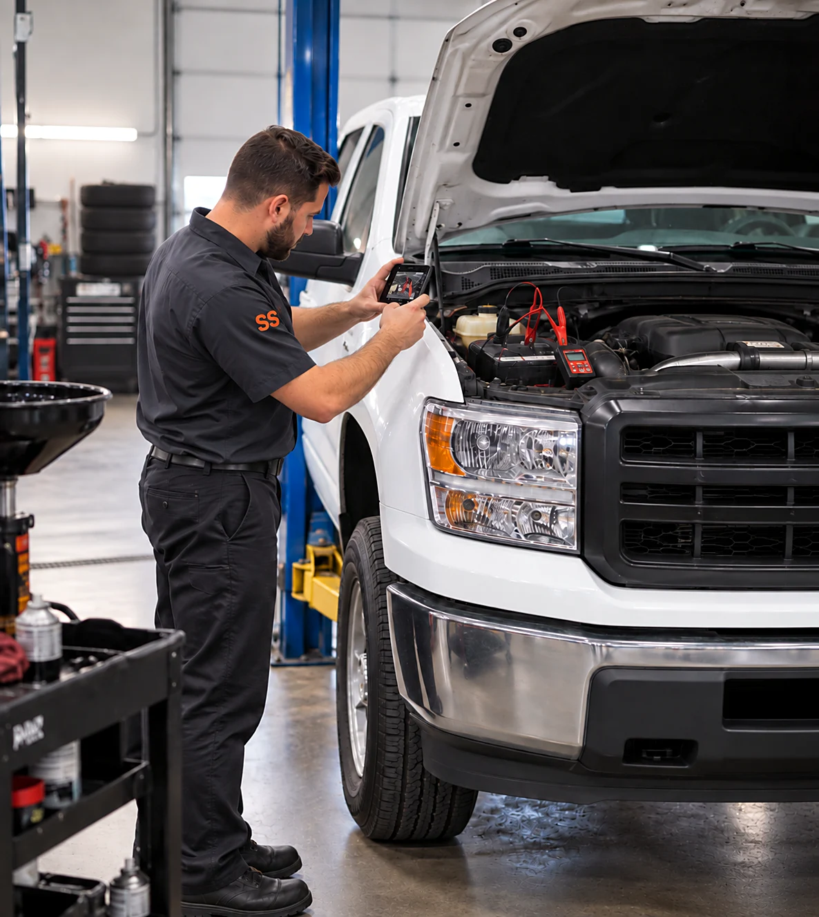 Technician photographing a battery test under the hood of a fleet truck during a 5,000-mile PM, with the oil-change cart staged beside him
