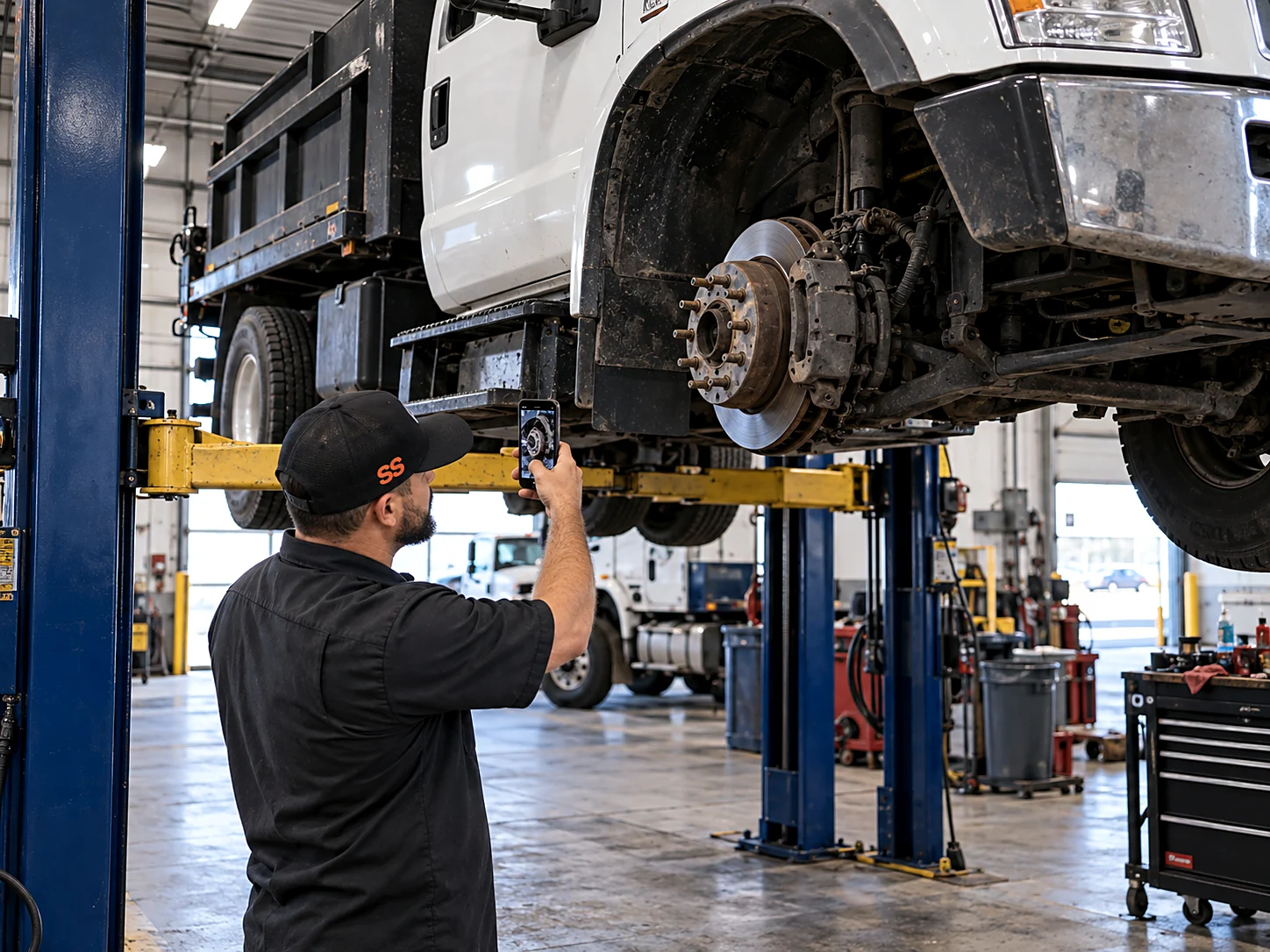 Diesel technician photographing the exposed front brake hub of a medium-duty dump truck raised on a two-post lift in a repair shop