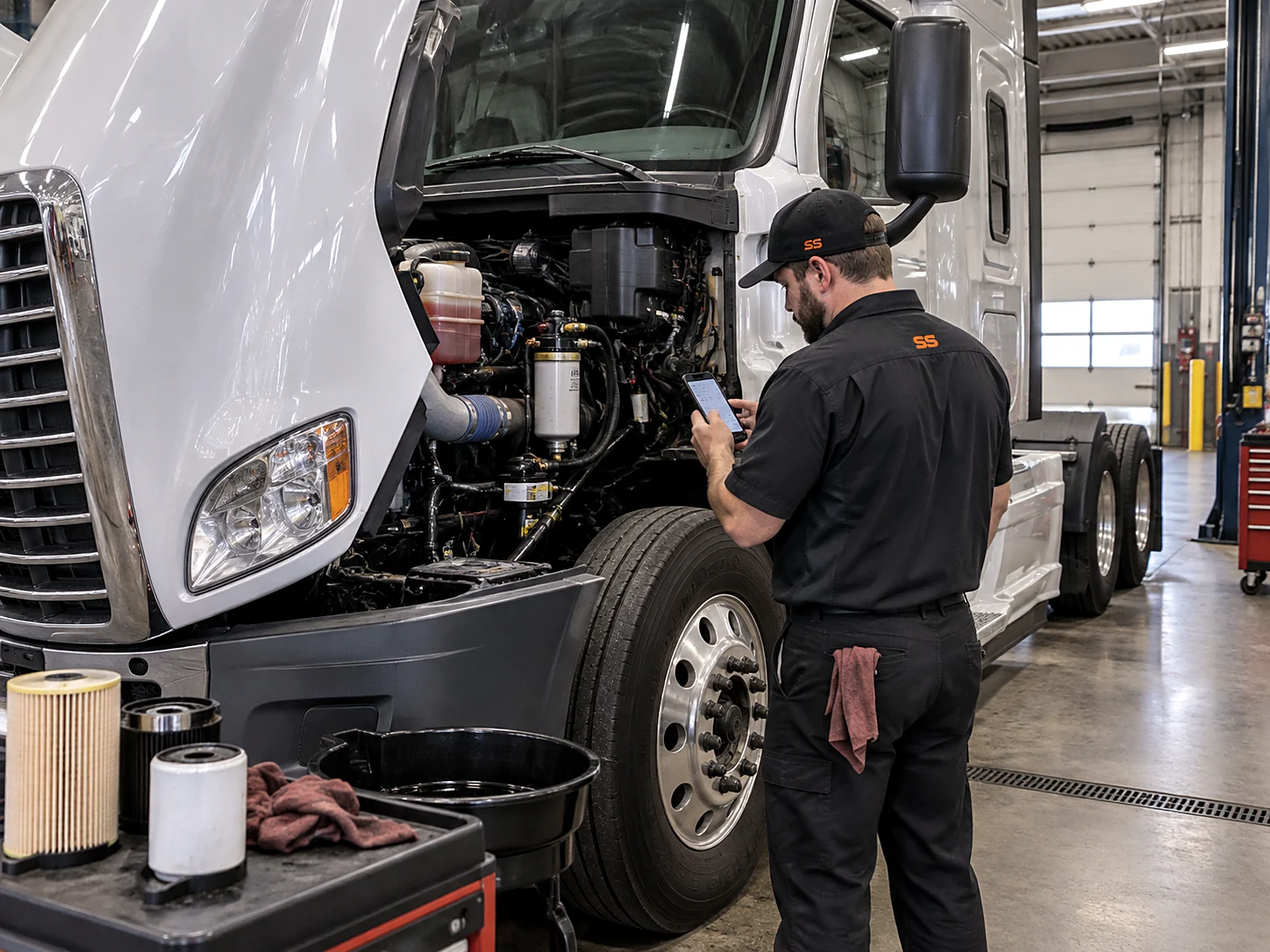 Technician reviewing a PM service estimate on his phone beside a Freightliner tractor with the hood open and new oil filters staged on the cart