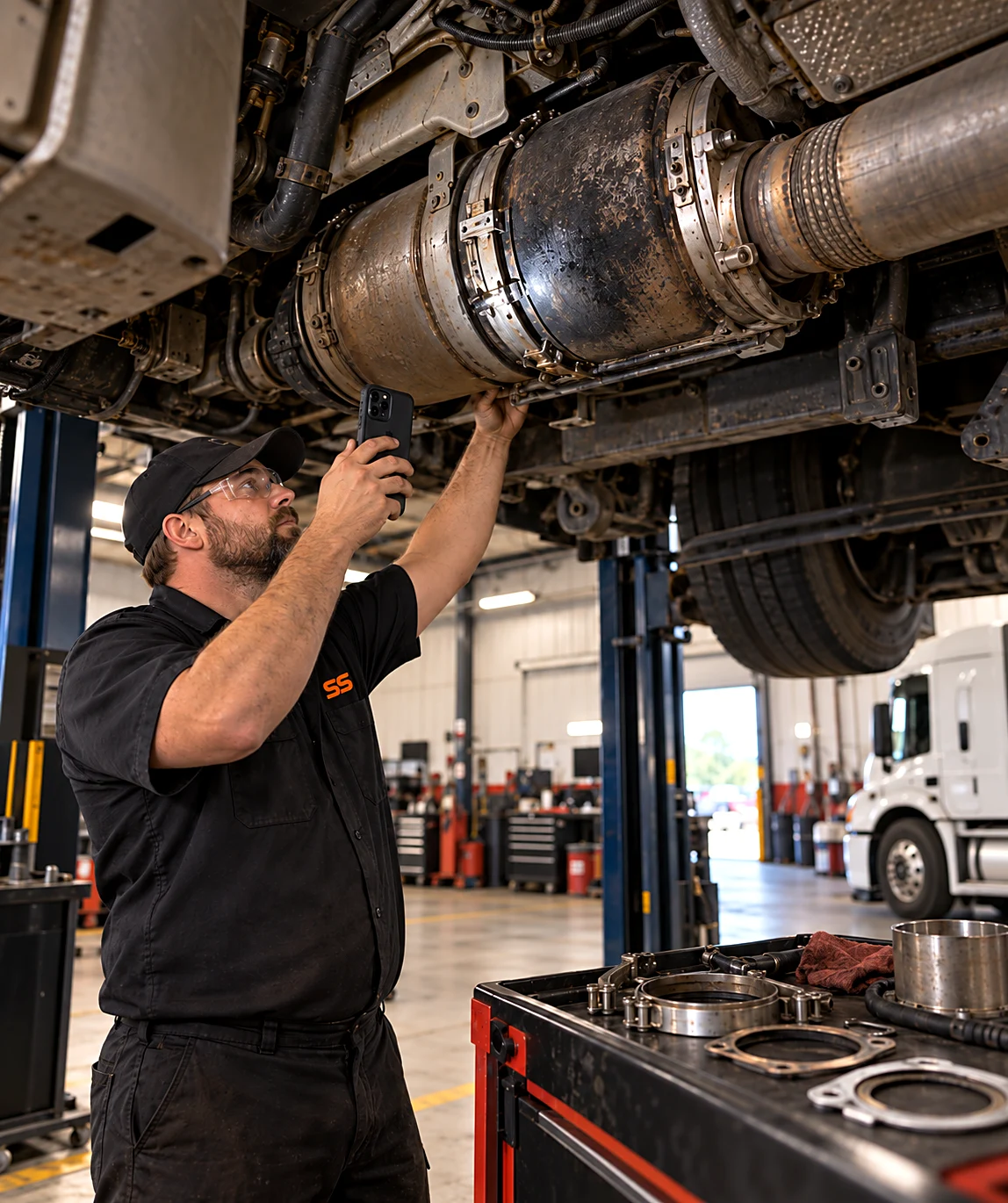 Diesel technician under a raised truck photographing the DPF and aftertreatment system while documenting an exhaust fault