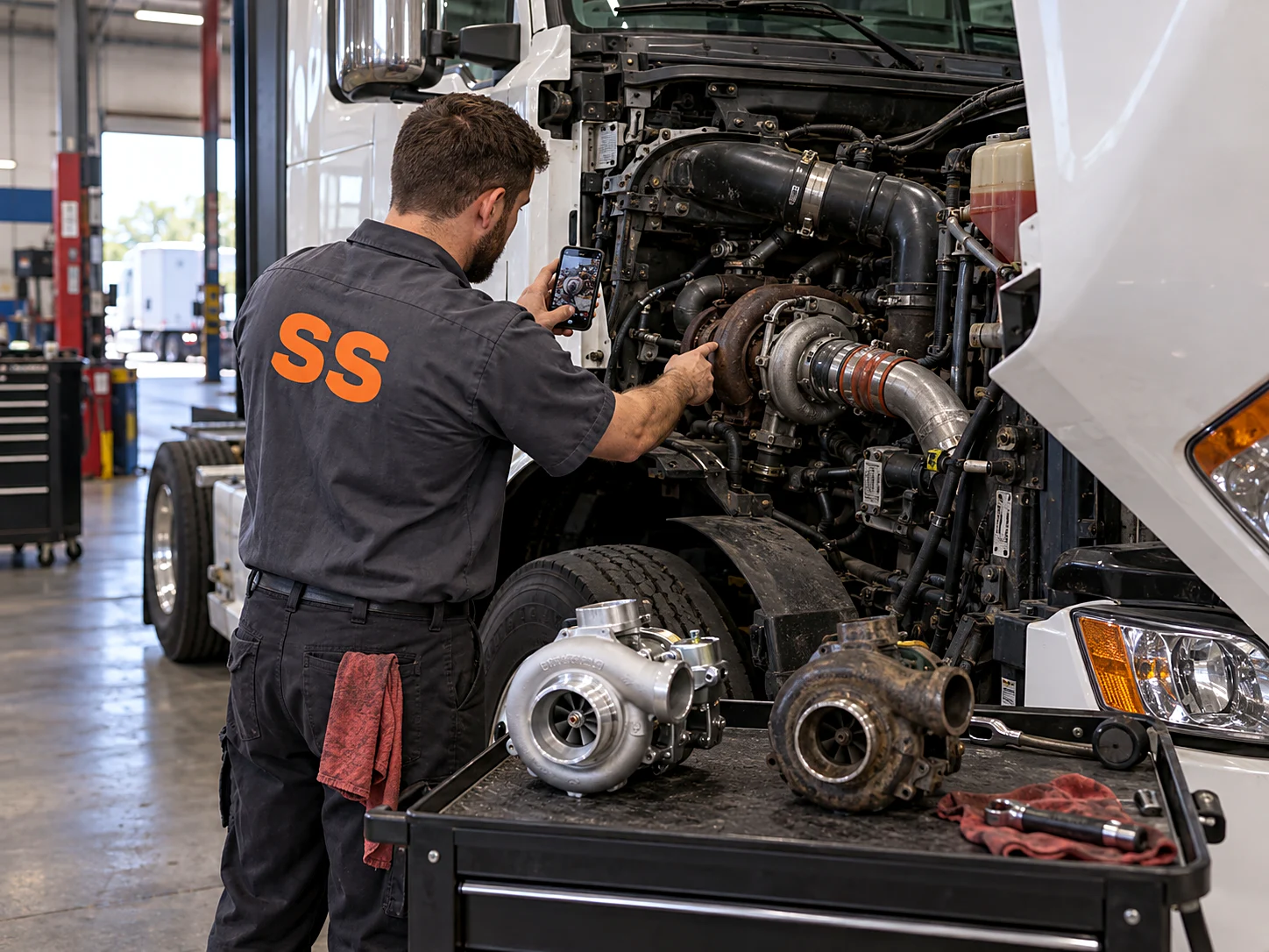 Technician photographing the turbo mount on a semi tractor engine while a reman turbocharger and the worn original sit side by side on the cart