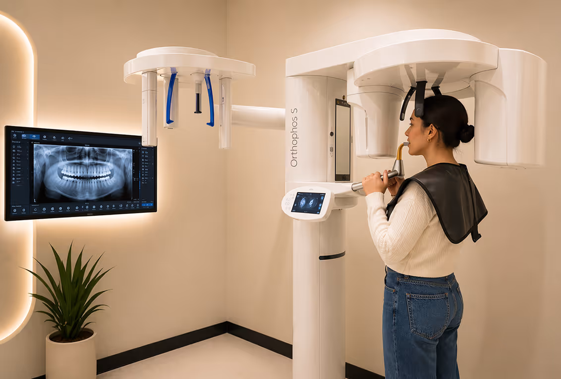 Une dentiste portant un masque traite les dents d'une patiente allongée avec un plan de traitement dentaires affiché.