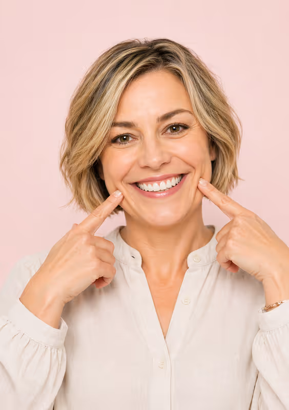 Femme souriante tenant un aligneur transparent pour les dents sur fond rose.