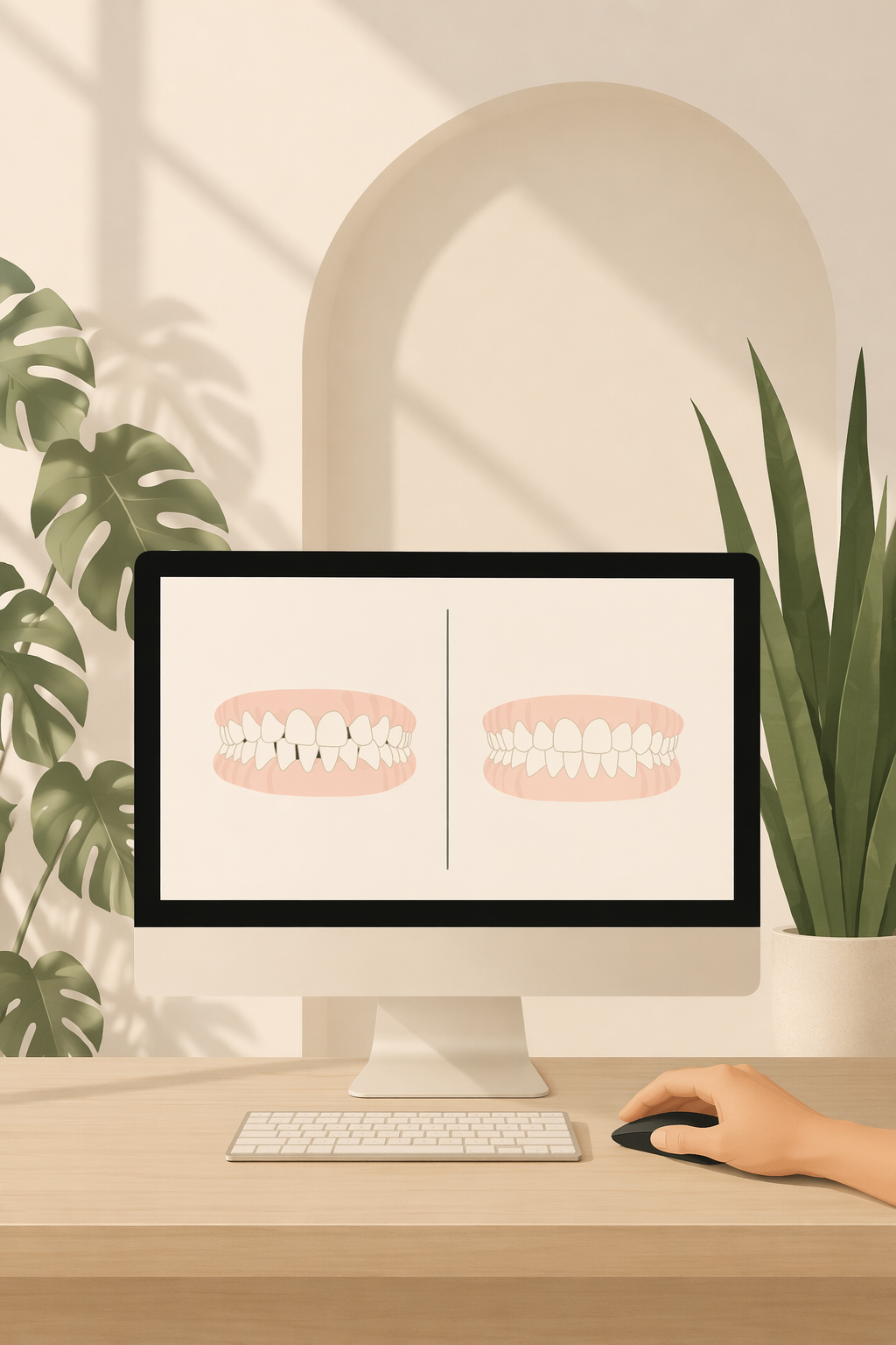 Dentiste portant un masque examinant les dents d'une patiente allongée dans un fauteuil.