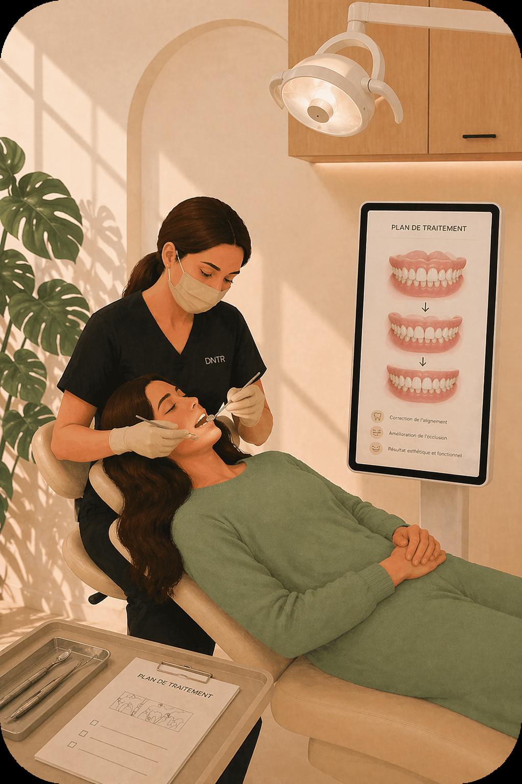 Dentiste portant un masque examinant les dents d'une patiente allongée dans un fauteuil.