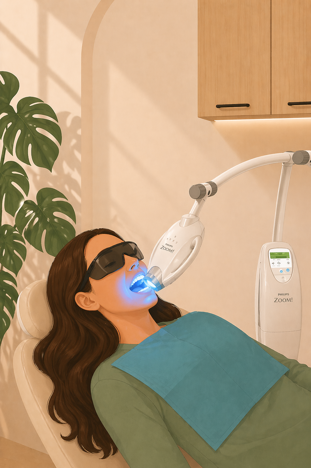 Dentiste portant un masque examinant les dents d'une patiente allongée dans un fauteuil.