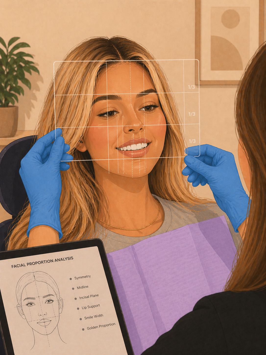 Une femme souriante mesure la symétrie de son visage avec un gabarit transparent tenu par des mains gantées.
