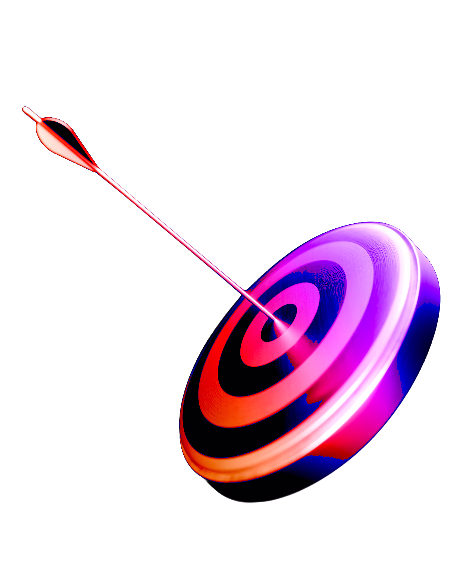 Arrow striking the bullseye of a purple and orange target, viewed at an angle.