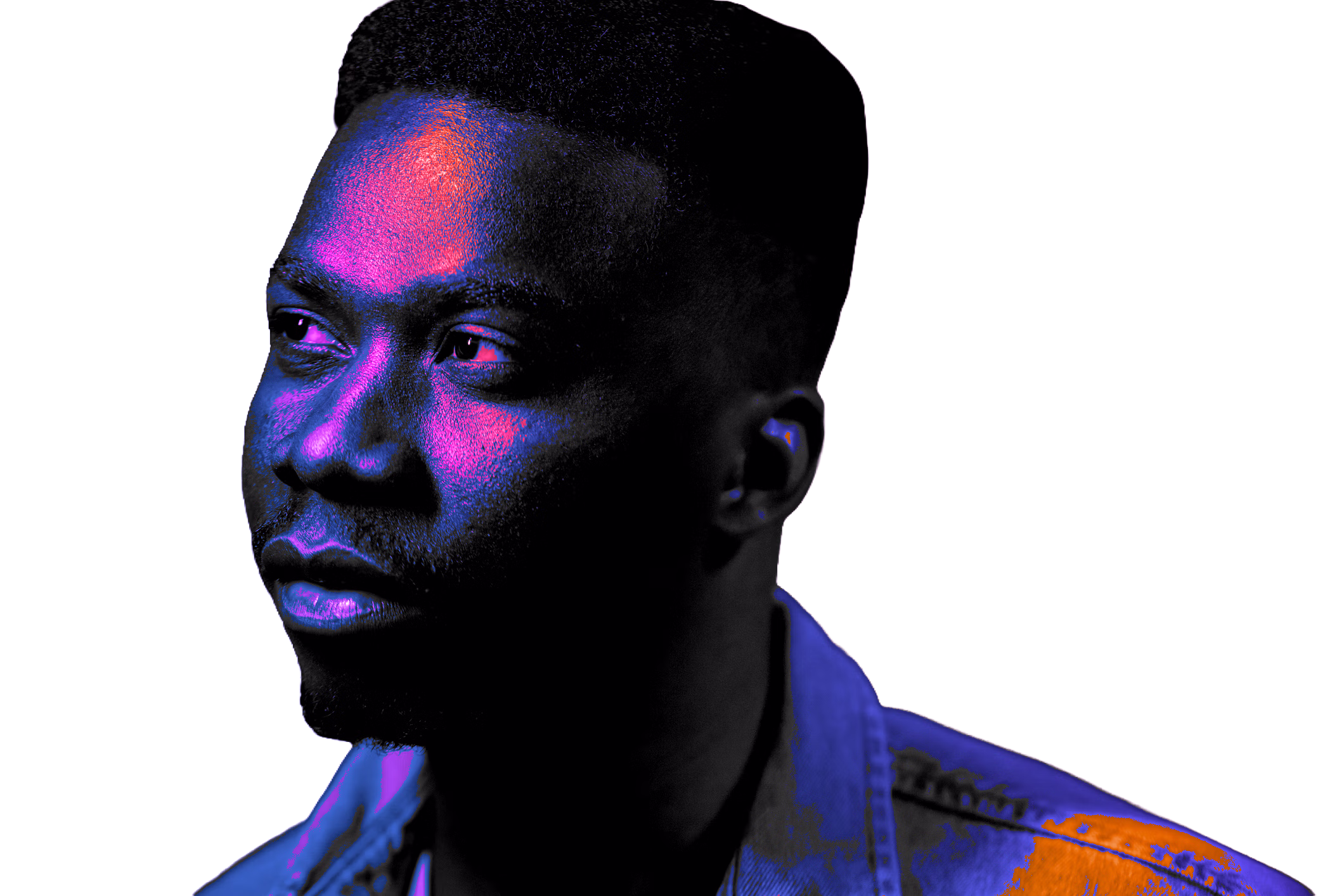 Portrait of a man with colorful lighting in blue, pink, and orange highlights against a black background.